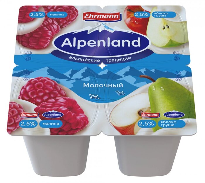 Йогурт фруктовый Альпенленд малина/яблоко-груша 2,5% 95г