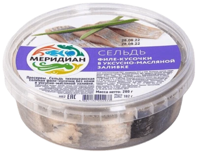 Сельдь филе-кусочки в уксусно-масляной заливке 280 г Меридиан
