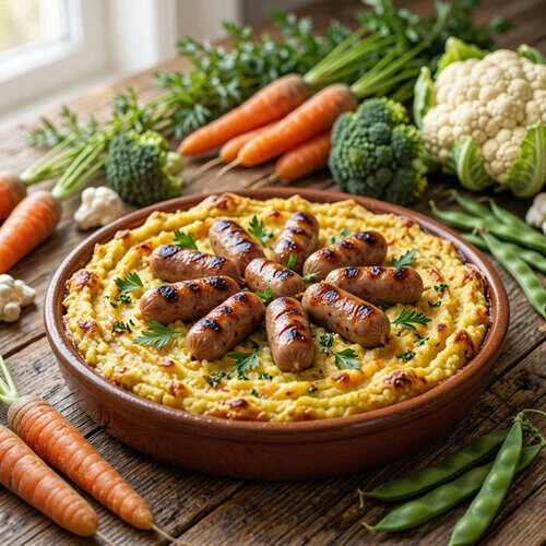 Запеканка из овощного пюре с сосисками