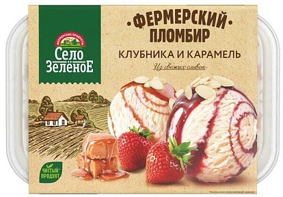 Пломбир ванильный 15%с клубничным и карамельным топпингом, миндальным сиропом 450 г Село Зелёное Пломбир ванильный 15%с клубничным и карамельным топпингом, миндальным сиропом 450 г Село Зелёное