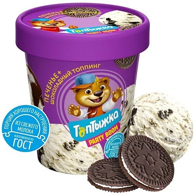 Пломбир ванильный 12% с печеньем и шоколадным топпингом 270 г Топтыжка