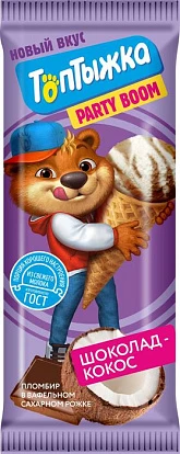 Пломбир кокос/шоколад 12% в шоколадной глазури и вафельном рожке 60 г Топтыжка