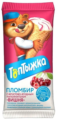 Пломбир ванильный 12% с вишней в шоколадной глазури и вафельном рожке 90 г Топтыжка Пломбир ванильный 12% с вишней в шоколадной глазури и вафельном рожке 90 г Топтыжка
