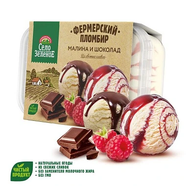 Пломбир ванильный 15% с малиновым и шоколадным топпингом 450 г Село Зелёное