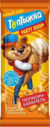 Пломбир ванильный 12% попкорн/карамель в шоколадной глазури и вафельном рожке 60 г Топтыжка