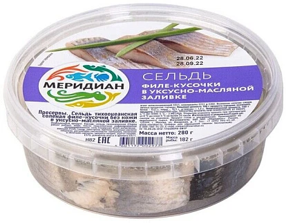 Сельдь филе-кусочки в уксусно-масляной заливке 280 г Меридиан