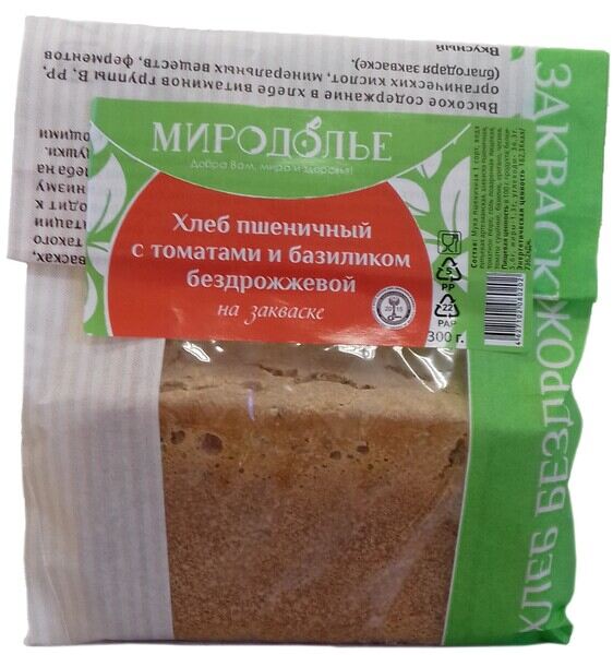 Хлеб бездрожжевой пшеничный с томатами и базиликом 300г Миродолье