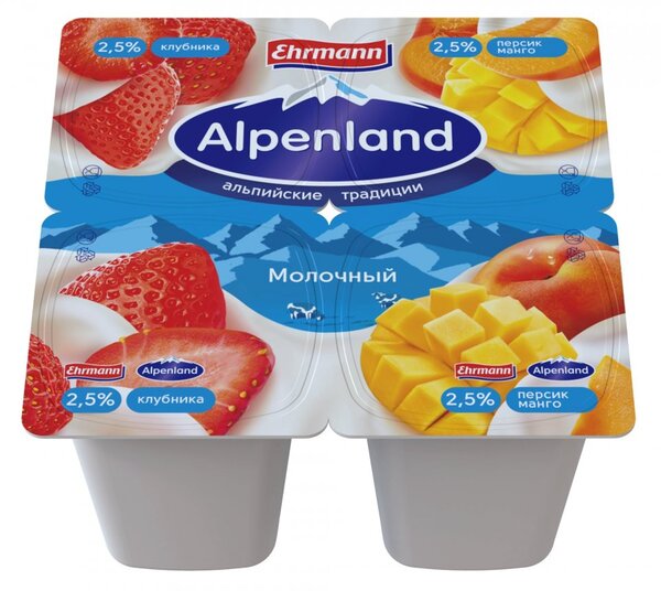 Йогурт фруктовый Альпенленд клубника/персик-манго 2,5% 95г